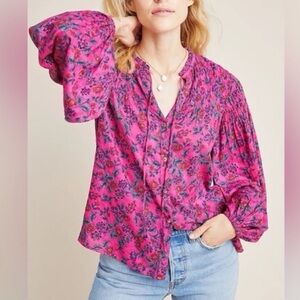 Anthropologie Maeve Calais Pink Floral Smocked Peasant Boho Blouse size S